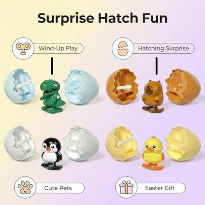 Keyrose surprise eggs opening up mechanically on a table surface to reveal a walking dinosaur toy