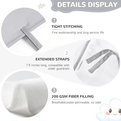 Full view of grey crib rail cover set on white nursery furniture