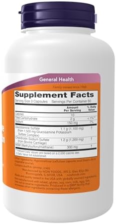 Supplement facts panel on the back of NOW Foods glucosamine chondroitin bottle indicating serving sizes