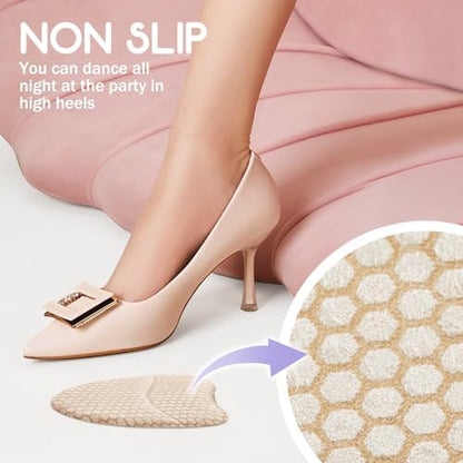 Self adhesive heel inserts and forefoot pads for women's party shoes.