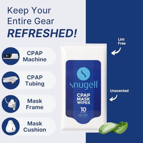 Resealable sachet of Snugell CPAP wipes showing 10 sheets per pack.