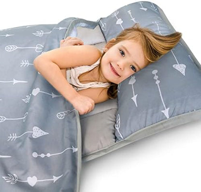 Biloban grey arrow pattern nap mat rolled up for travel