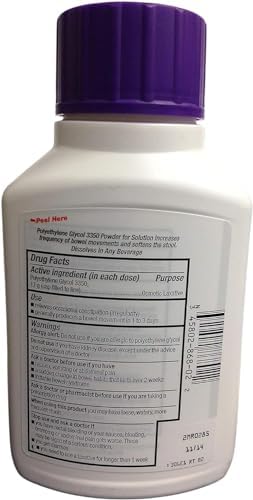 Close up of Perrigo Polyethylene Glycol 3350 powder label details