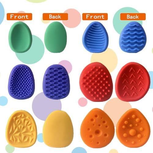 A hand rolling a colorful silicone textured worry stone for anxiety relief.