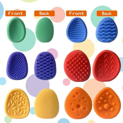 A hand rolling a colorful silicone textured worry stone for anxiety relief.