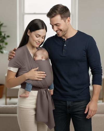 Side angle of mud grey infant wrap carrier showing secure tie closure
