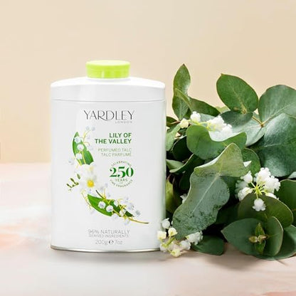 Back label of Yardley Lily of the Valley powder showing natural ingredients list.
