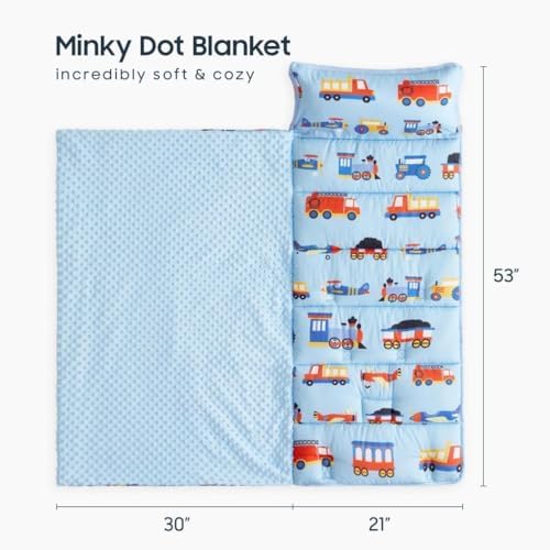 Wake In Cloud kids sleeping bag rolled up with travel handle showing compact storage design.
