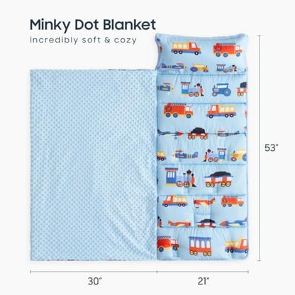 Wake In Cloud kids sleeping bag rolled up with travel handle showing compact storage design.