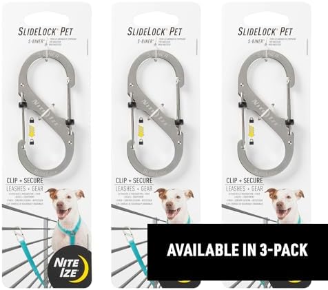 Nite Ize SlideLock Pet S-Biner durable stainless steel dual gate design shown from an angle.