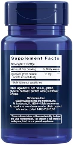 Life Extension Mega Lycopene 15 milligrams supplement label showing ingredients and directions