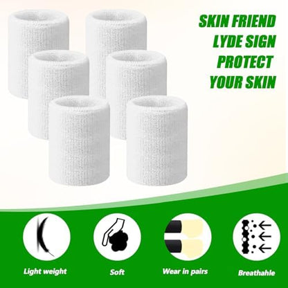 Six pieces of Xelsluthe white sports wrist sweatbands organized