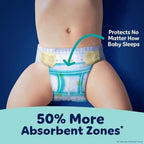 Pampers overnight baby diapers showcasing leak protection technology information on box