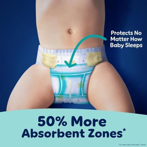 Pampers overnight baby diapers showcasing leak protection technology information on box