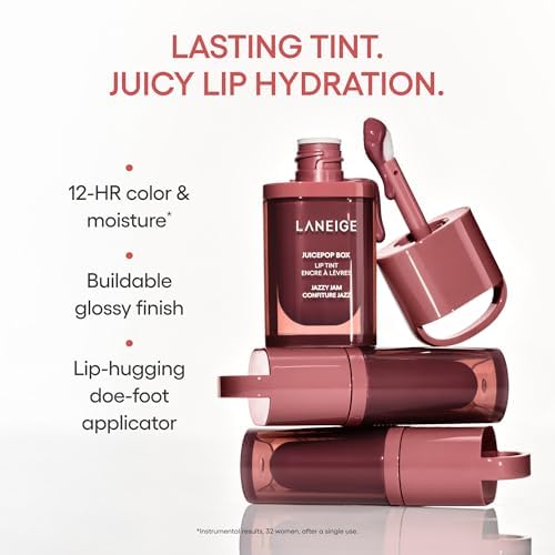 LANEIGE JuicePop Box Lip Tint packaging showcasing the premium ingredients ceramide and peptide callouts