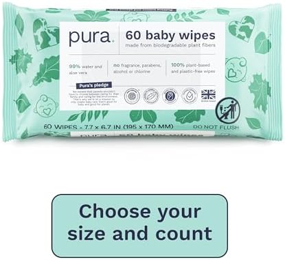 Close up view of an open Pura individual packaging showing the texture of the white unscented water wet wipe sheet.