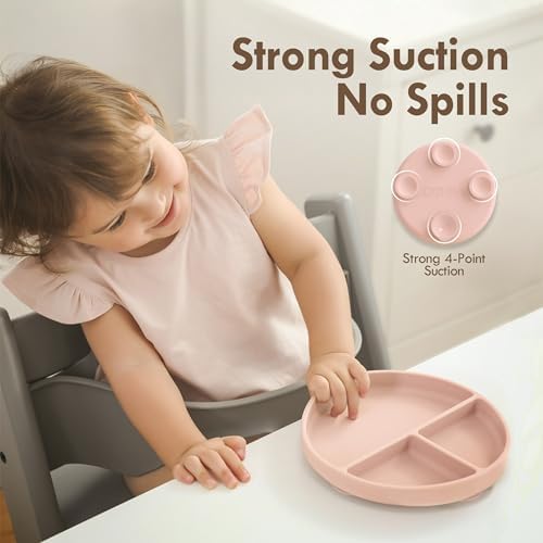 Divided silicone toddler plates showing food portions