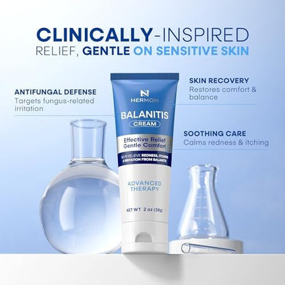 Back label of Hermon Balanitis Kit highlighting the botanical ingredients and dual-action steps
