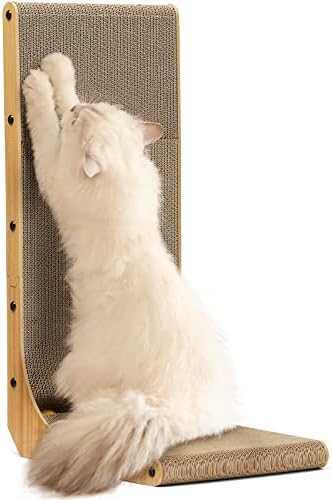 Wall mounted vertical cat scratching board with indoor kitten playing