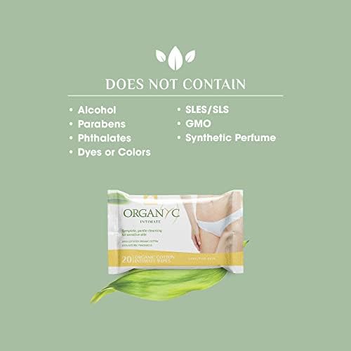 Back view of Organyc intimate wipes listing chlorine free and alcohol free ingredients.