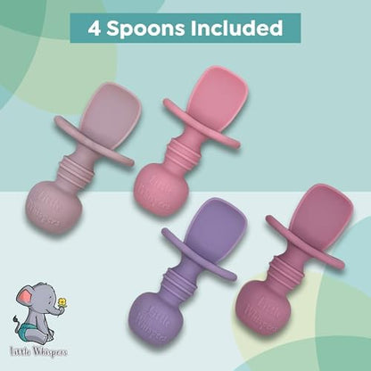 Four pack set of pastel pink baby utensils displayed together for weaning