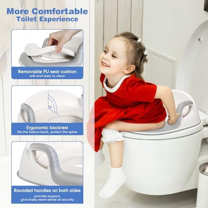 Toddler toilet training seat with handles and soft gray cushion detail