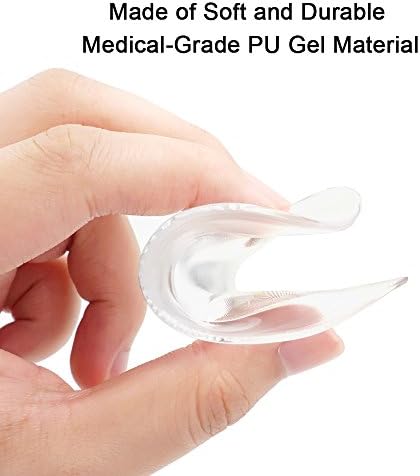 Dr. Foot gel insole being applied to the arch area of a blue ballet flat shoe.