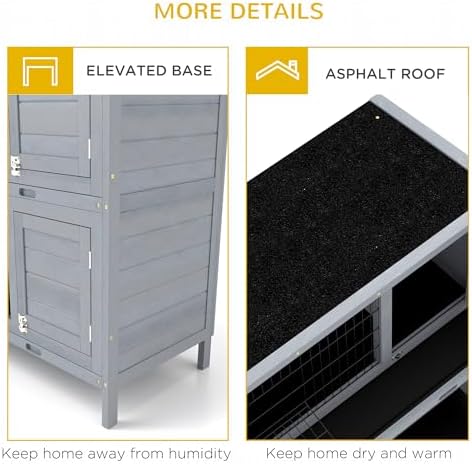 PawHut 54" 2-Story Large Rabbit Hutch Bunny Cage Wooden Pet House Small Animal Habitat with Lockable Doors, No Leak Tray and Waterproof Roof for Outdoor/Indoor Grey - Image 7
