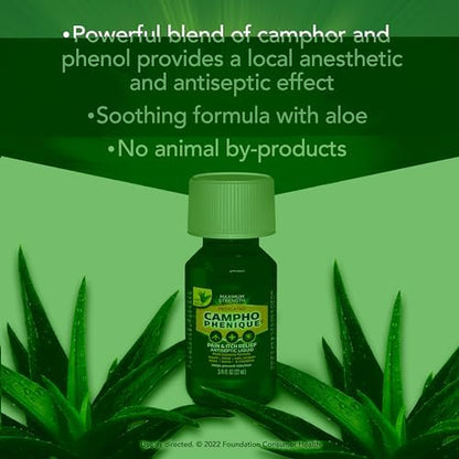 Back label of Campho Phenique antiseptic liquid showing active ingredients camphor and phenol