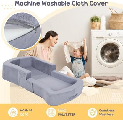 Whiffee toddler travel bed securely closed with velcro straps demonstrating its lightweight portable design for family vacations.