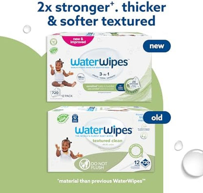 WaterWipes Sensitive+ Baby & Toddler Wipes, 3-In-1 Cleans, Cares, Protects, 99.9% Water, Textured Clean, Unscented & Hypoallergenic, 720 Count (12 Packs) - Image 4