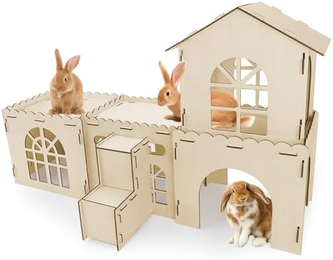 YUEPET Extra Large Wooden Bunny Castle, Ventilated Rabbit Castle Hideaway with Stairs, Detachable Small Animal Hideout & Habitats for Indoor Outdoor Dwarf Rabbits Bunnies to Hide & Play - Image 2