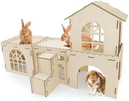 YUEPET Extra Large Wooden Bunny Castle, Ventilated Rabbit Castle Hideaway with Stairs, Detachable Small Animal Hideout & Habitats for Indoor Outdoor Dwarf Rabbits Bunnies to Hide & Play - Image 2