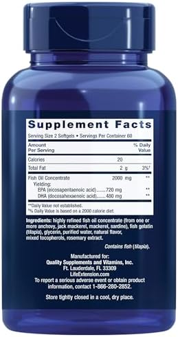 Life Extension Mega EPA DHA Omega 3 supplement facts label highlighting 720 mg EPA and 480 mg DHA per serving.