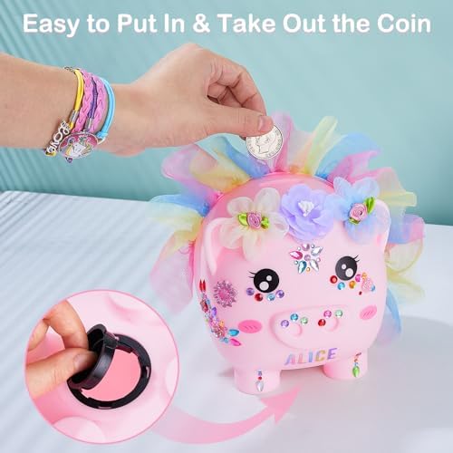 Play Tailor pink unicorn piggy bank placed as a decorative piece on a child bedroom bookshelf.