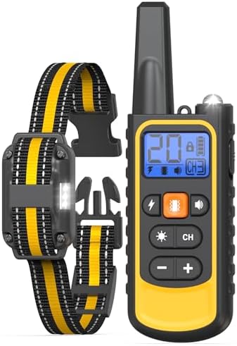 Waterproof rechargeable electric dog collar with digital screen remote transmitter display.