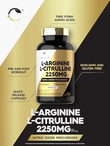 Side angle view of Carlyle L-Arginine L-Citrulline bottle emphasizing non-GMO and gluten-free labels.