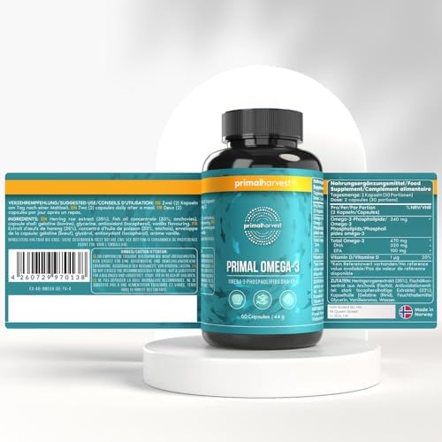 Side angle of Primal Harvest Omega 3 dietary supplement bottle showcasing the cardiovascular and cognitive health benefits.