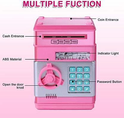 Silver security keypad and rotary switch dial on kids piggy bank