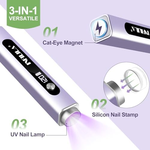 Portable purple UV light device highlighting the dual-layer light-filtering LED head used for quick gel curing.