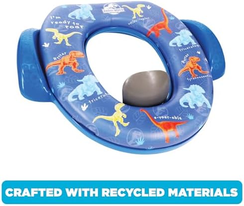 Durable plastic toddler potty seat with dinosaur graphics showing patented easy grip side handles