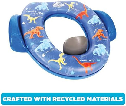 Durable plastic toddler potty seat with dinosaur graphics showing patented easy grip side handles