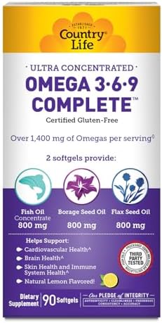 Country Life Omega 3 6 9 bottle showing ingredient label