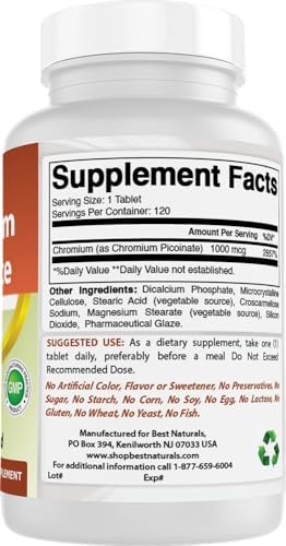 Best Naturals Chromium Picolinate 1000 mcg non-GMO and gluten-free certifications on bottle side