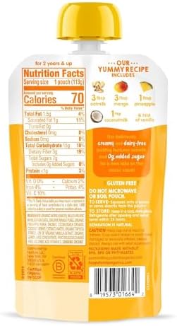 Side angle of Stage 4 toddler snack pouch highlighting mango pineapple coconutmilk blend ingredients