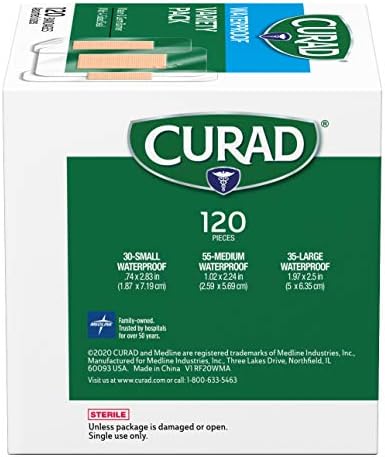 Curad waterproof adhesive bandages variety pack packaging showing three distinct styles.