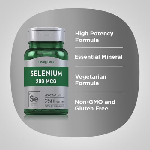 Non-GMO and gluten-free Piping Rock selenium supplement packaging details