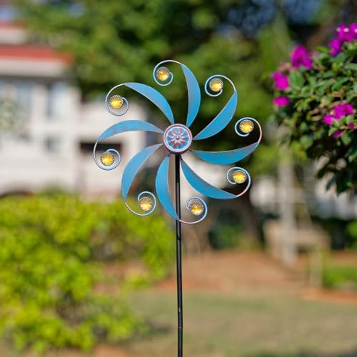 Side profile of Stargarden blue pinwheel wind spinner outdoor decor
