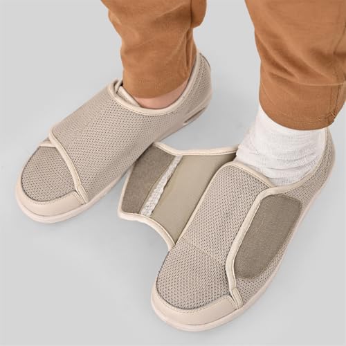 Side view of women's extra wide slip on shoes with velcro closure