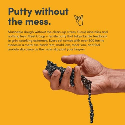 Speks Crags Ferrite Putty mess-free magnetic rocks poured out of the sleek metal storage case